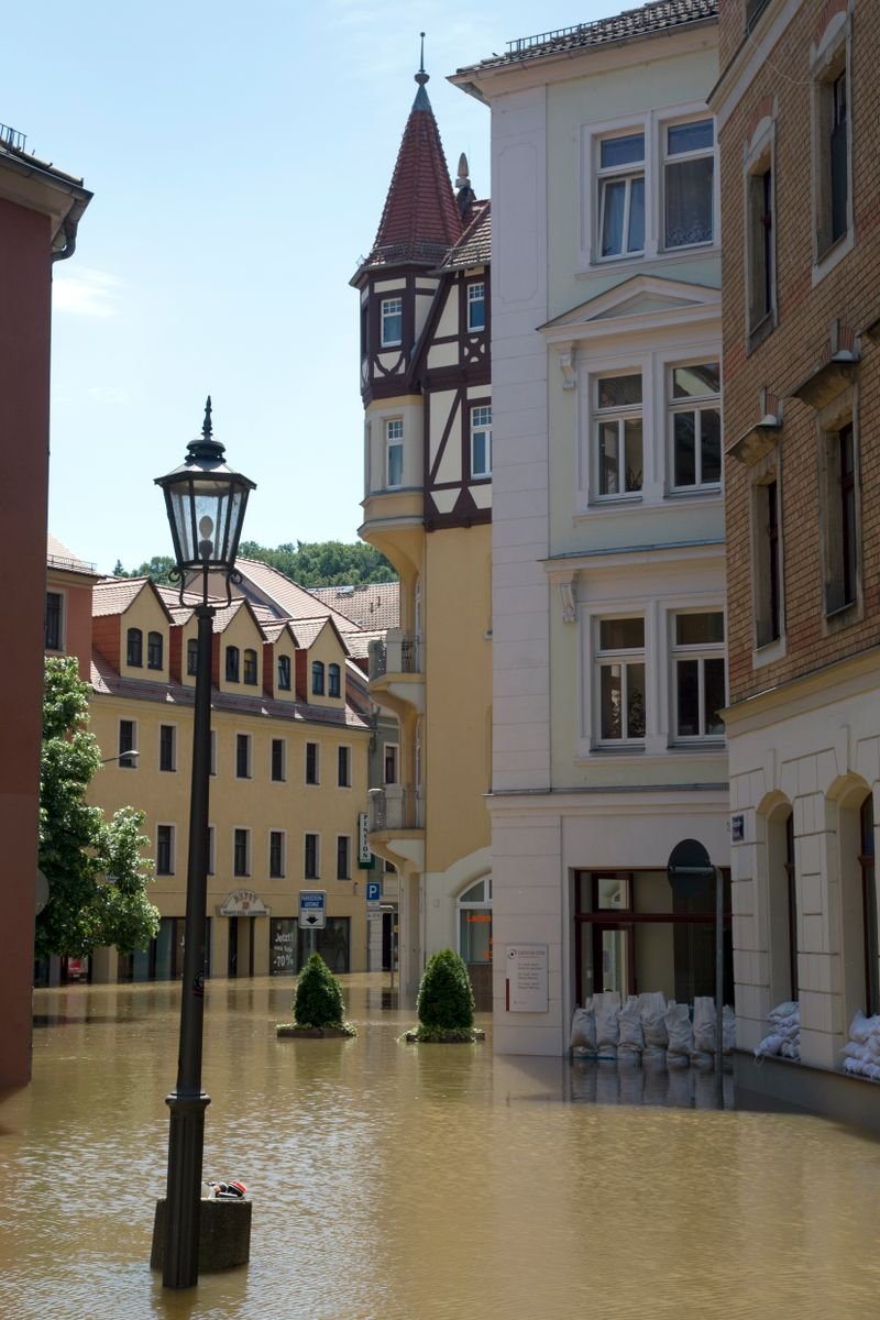Flooded street in a historic European town